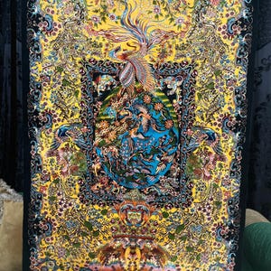 Persian Silk Rug - Yellow Tabriz Phoenix & Floral Design | Luxury Silk Carpet Wall Art or Floor Decor | 3x5 ft Oriental Rug