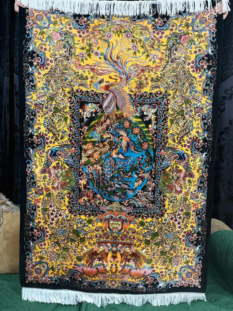 Persian Silk Rug - Yellow Tabriz Phoenix & Floral Design | Luxury Silk Carpet Wall Art or Floor Decor | 3x5 ft Oriental Rug