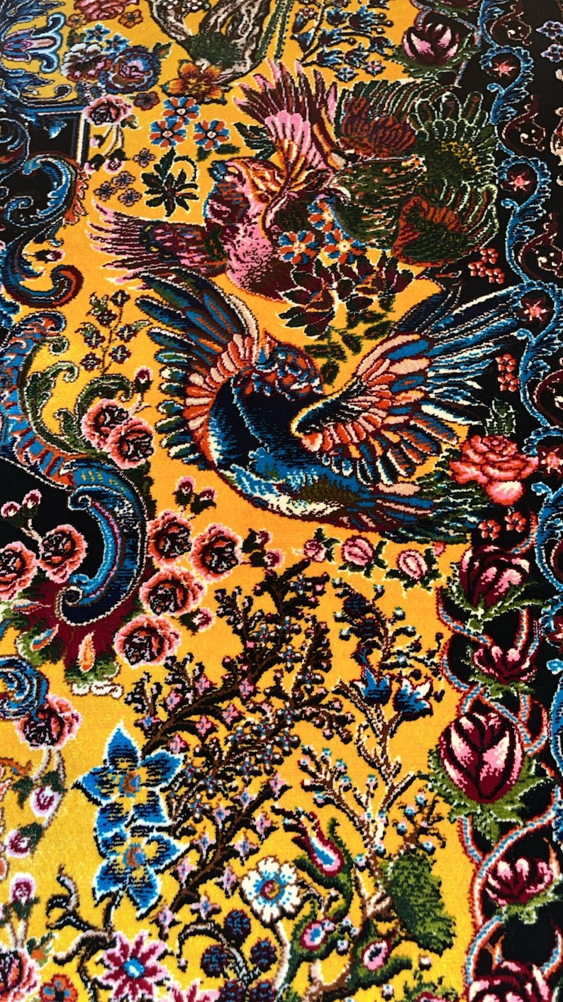 Luxury Persian silk rug in golden yellow with detailed Tabriz-style phoenix and floral design. This 3x5 ft Oriental carpet doubles as a stunning floor piece or elegant wall hanging. Hand-finished with intricate patterns, it adds timeless charm to any space. Ideal for home decor lovers, collectors, or anyone seeking a unique handmade accent rooted in Persian art and tradition.