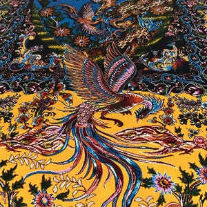 Stunning Persian silk rug in warm yellow tones, featuring a traditional Tabriz phoenix and floral motif. This 3x5 ft piece is ideal as a decorative carpet or wall art. Rich in detail and symbolism, it brings a luxurious, artistic touch to any interior space. Perfect for collectors, design lovers, or anyone wanting a bold, handcrafted statement piece rooted in Persian heritage.
