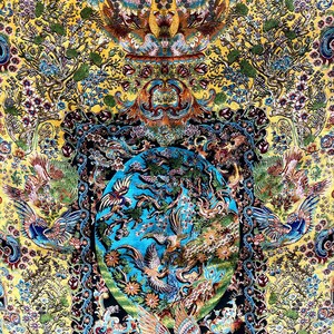 Persian silk rug with vibrant yellow Tabriz-style design featuring a mythical phoenix, intricate floral patterns, and traditional Oriental motifs. This 3x5 ft luxury carpet is ideal as wall art or floor decor. Made with fine silk for a soft texture and rich detail, perfect for adding warmth and elegance to living rooms, bedrooms, or gallery spaces. A beautiful blend of heritage and craftsmanship for art lovers and collectors.