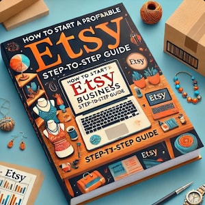 May include: A colorful illustrated book cover with the title "How to Start a Profitable Etsy Business: Step-to-Step Guide". The cover features a laptop, a cup of coffee, and various craft supplies.