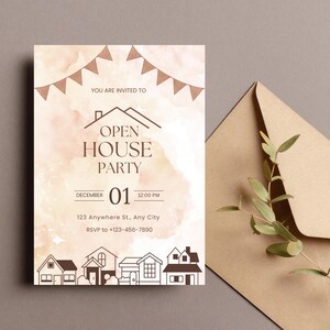 Invitation beige et brune de fête à la maison | Faire-part de pendaison de crémaillère modifiable | Carton d'invitation | Invitation minimaliste moderne imprimable ou texte