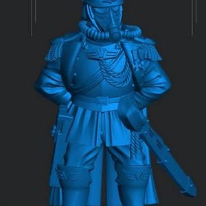 May include: A blue figurine of a soldier in a detailed uniform, featuring a helmet, respirator, and epaulettes. The figure holds a sword and wears a military-style coat and boots. The design suggests a science fiction or fantasy theme.