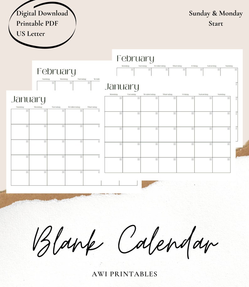 Blank 12 Month Calendar Printable PDF Instant Download | Etsy