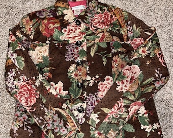 Vintage Coldwater Creek jas met bloementapijt bruin veelkleurige rozen PS