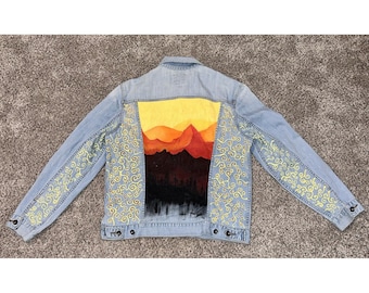 Lucky Brand dames blauw denim jeansjack Y2K handgeschilderde vrouw groot