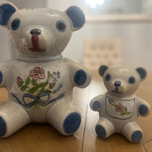 Vintage N.S. Gustin Bear Cookie Jar Set: Ceramic Pottery with Blue Ribbon Flowers