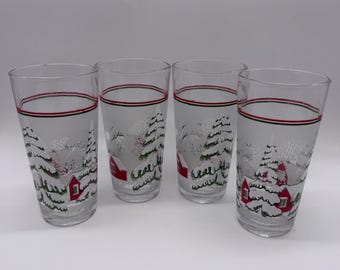 Vintage Holiday Christmas Winter Scene Highball Glasses Set Of 4