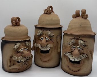 Folk Art Pottery Canister Set 3pc Hand Sculpted Face Jars Whimsical Old Man