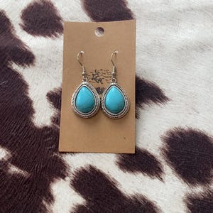 Turquoise Teardrop Earrings | Boho Western Dangle Earrings | Faux Stone Drop Earrings | Silver Vintage Style Jewelry | Cowgirl Gift for Her