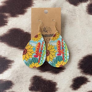 Western Cactus & Sunflower Teardrop Earrings