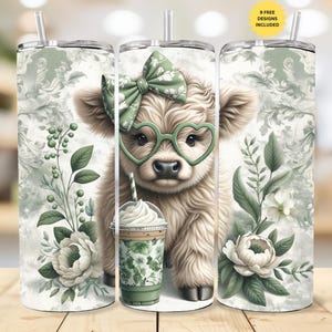 Baby Highland Cow Tumbler Wrap: Green Coquette Design (PNG Digital Download)