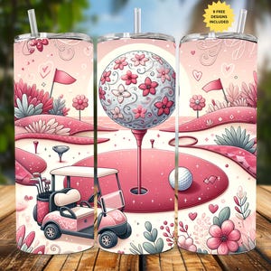Pretty in Par Pink Golf 20 oz Tumbler Wrap PNG | Floral Golf Ball & Cart Sublimation | Whimsical Sports Theme PNG | Digital Download