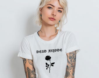 Gothic schwarze Rose T-Shirt | Dead Inside T-Shirt, Linolschnitt Floral, Retro Dark Academia Gothic Kleidung
