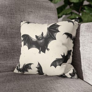 Vintage Bat Pillowcase | Witchy Faux Suede, Gothic Throw Cushion Case | Dark Halloween Home Decor | Spooky Alt Room, 14&quot; × 14&quot;
