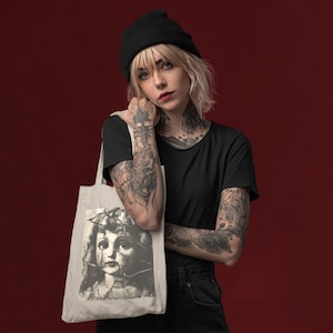 Doll Tote Bag | Cotton Canvas Totebag, Creepy Vintage, Haunted Aesthetic, Spooky Oddity Gift for Dark Alternative Souls