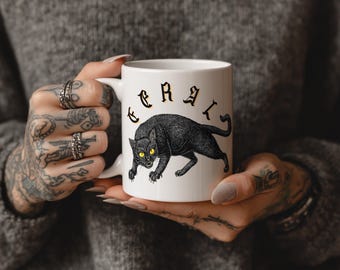 Feral Black Cat Ceramic Mug | Gothic Cutwood Style Coffee Cup, Spooky Witchy Mug, Dark Cottagecore, Halloween Cat Lover Gift