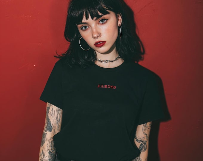 Goth Embroidered T-Shirt | Unisex Heavy Cotton, Vampire Tee, Gothic Aesthetic, '00s Nostalgia, Spooky Streetwear,