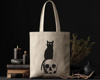 Black Cat and Skull Tote Bag | Dark Alternative Aesthetic Bag | Witchy Bag | Spooky Gift for Goths & Horror Lovers | Gothic Cat Totes