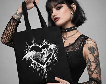 Gothic Bat Heart Cotton Canvas Tote Bag | Creepy Cute, Witchy