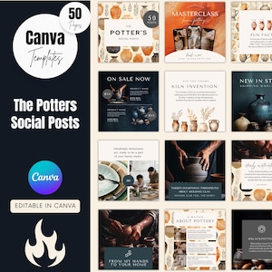 May include: A collection of Canva templates for social media posts, featuring pottery themes. The design includes text such as "The Potter's Social Posts" and "Editable in Canva." The templates showcase various pottery-related images and information.