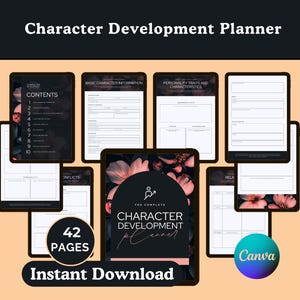 Peut inclure: Un planificateur de développement de personnages numérique de 42 pages, avec des sections pour les informations de base sur les personnages, les traits de personnalité et les conflits. La couverture affiche un motif floral et le texte "Character Development Planner".