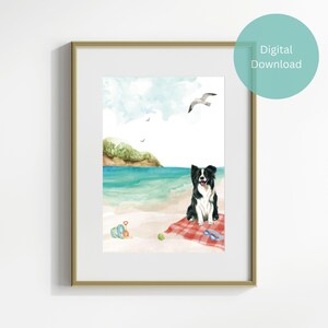 Border Collie Coastal Dog Watercolor Print – Beach Day with Picnic & Toys – Digital Download Art for Dog Lovers, Coastal Home Decor