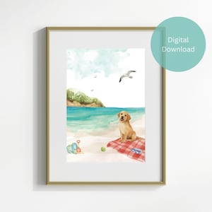 Labrador Retriever Coastal Dog Watercolor Print – Beach Day with Picnic & Toys – Digital Download Art for Dog Lovers, Coastal Home Decor