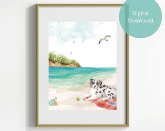 Australian Shepherd Coastal Dog Watercolor Print – Beach Day with Picnic & Toys – Digital Download Art for Dog Lovers, Coastal Home Decor