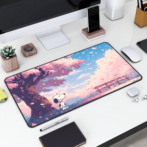 Snoopy Pixel Art Cherry Blossoms Desk Mat  Cute Gaming Mouse Pad Cartoon Character Work Mat Desk Decor Office Accessories Computer Desk
