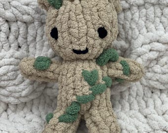 Adorable Baby Groot Plushie Handmade, Finger Knit with super soft Chunky chenille yarn