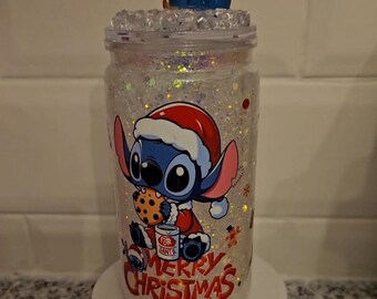 Stitch xmas christmas glitter drinks tumbler cup with decorative lid