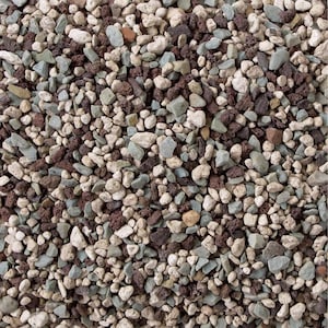 May include: A close-up view of a mixture of small stones in a variety of colours. The stones are a mix of white, grey, brown, and teal. The texture is rough and natural, suitable for gardening or decorative use.