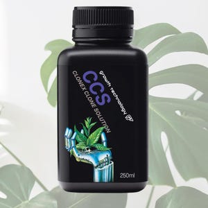 May include: A black bottle with a white label that says "CCS CloneX Clone Solution" and "Growth Technology GF". The bottle is 250 ml and has a picture of a robotic hand holding a green plant.