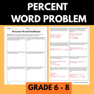 Prozent Textprobleme Arbeitsblatt | Klasse 6-8 Pre-Algebra (Digitaler Download)