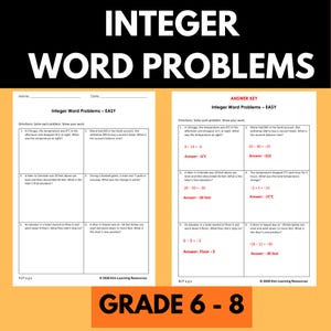 Integer Word Problems Worksheet | Integer Operations | Real-Life Word Problems | Grades 6–8 | Pre-Algebra | Math Worksheets