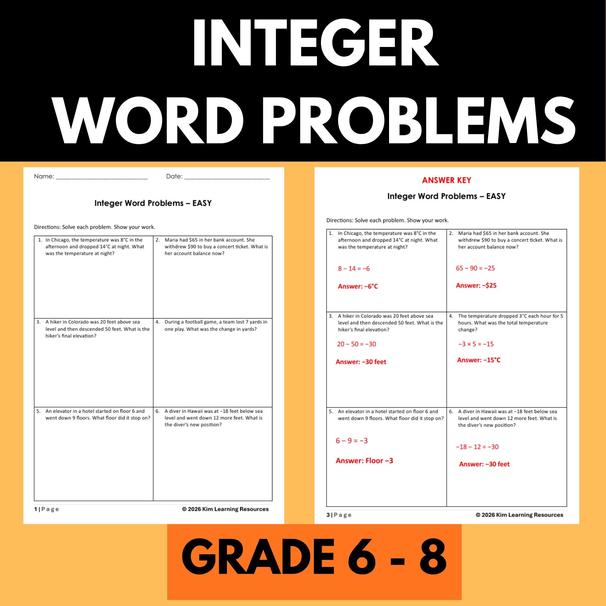 Story Problem Integers Integer Practice Problems