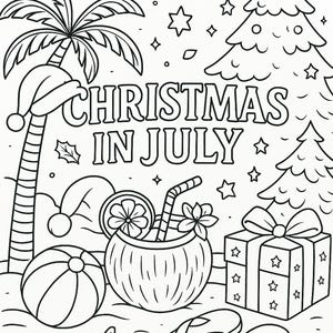 Christmas in July Adult Coloring Pages | Summer Beach Santa & Tropical ...