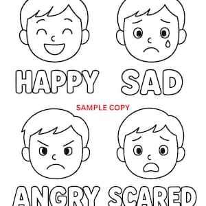 May include: Black and white line drawings of four different facial expressions: happy, sad, angry, and scared. Each expression is paired with a corresponding word in bold capital letters. The words "SAMPLE COPY" are printed in red.