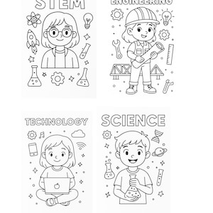 STEM Coloring Pages for Kids – 5 Page Printable PDF Bundle – Science Technology Engineering Math Activity – Educational for Home & Classroom