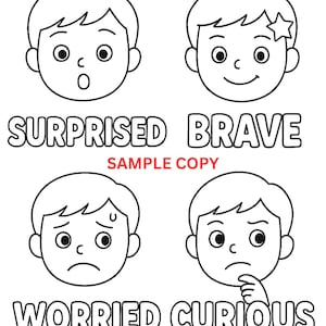 May include: Black and white illustration of four different facial expressions. The words "Surprised", "Brave", "Worried", and "Curious" are written below each face. The text "Sample Copy" is also present.