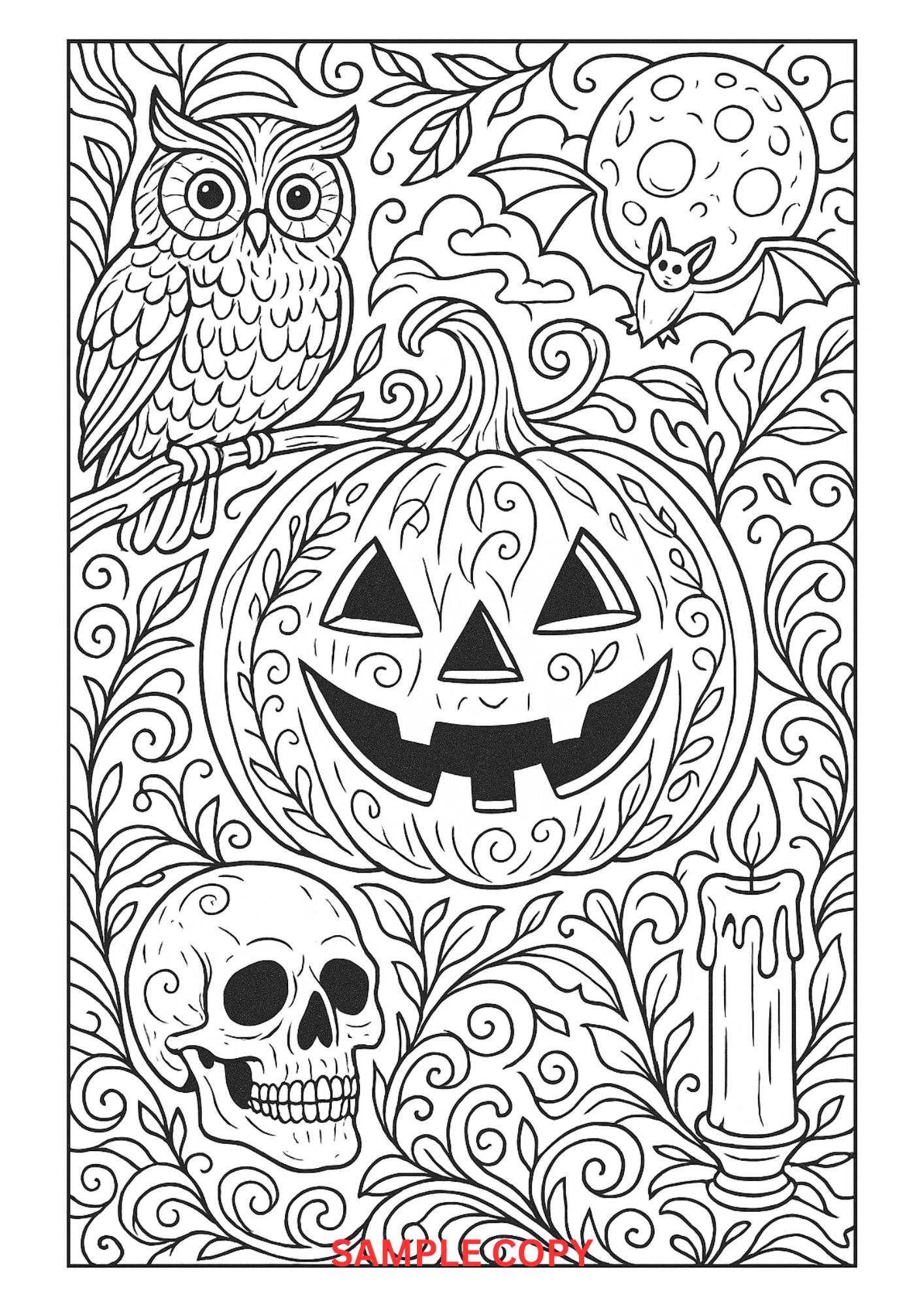 Halloween Adult Coloring Pages | Intricate Pumpkin, Owl, Skull & Cat Designs | 2 Page Spooky Col