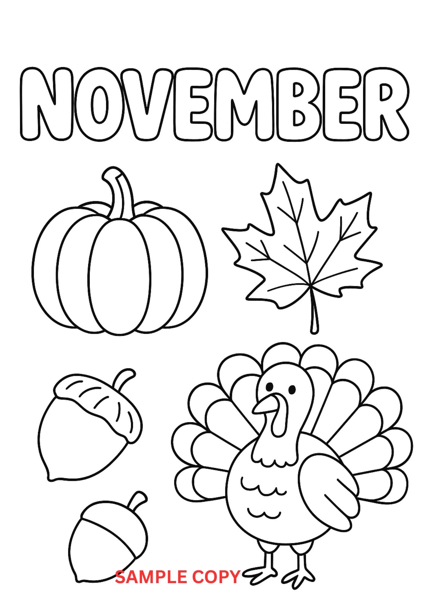 November Coloring Pages Bundle Fall & Thanksgiving Printable Activity