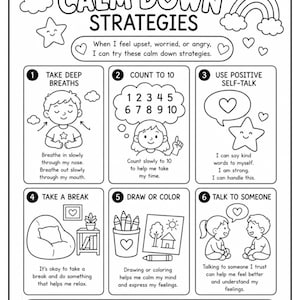 Puede incluir: Hoja de trabajo imprimible en blanco y negro titulada "Estrategias para Calmarse". La hoja de trabajo incluye ilustraciones e instrucciones para manejar las emociones, como respirar profundamente, contar hasta diez y usar el diálogo interno positivo.