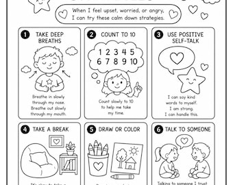 May include: Black and white printable worksheet titled "Calm Down Strategies." The worksheet includes illustrations and instructions for managing emotions, such as taking deep breaths, counting to ten, and using positive self-talk.