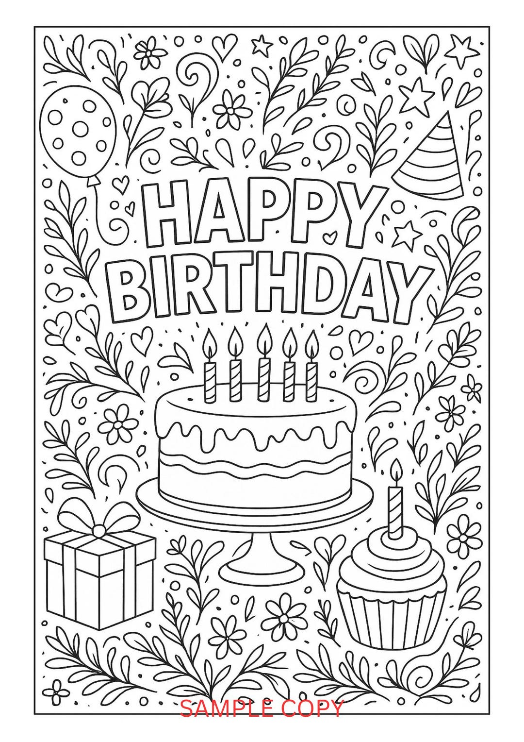 HAPPY BIRTHDAY Adult Coloring Page – Printable 2-page Line Art for ...