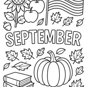 September Coloring Pages for Kids – 2 Page Printable Bundle, Fall & Autumn Activity Sheets, Back to School, Instant Download PDF