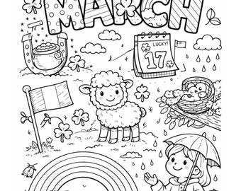 Pagina da colorare di marzo stampabile / Foglio da colorare di primavera / Attività per il giorno di San Patrizio / Colorazione rilassante per bambini e adulti / Download immediato