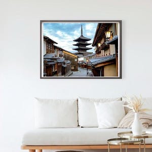 May include: A photograph of a narrow street in Japan with traditional wooden buildings on either side. A five-storey pagoda is visible in the distance.